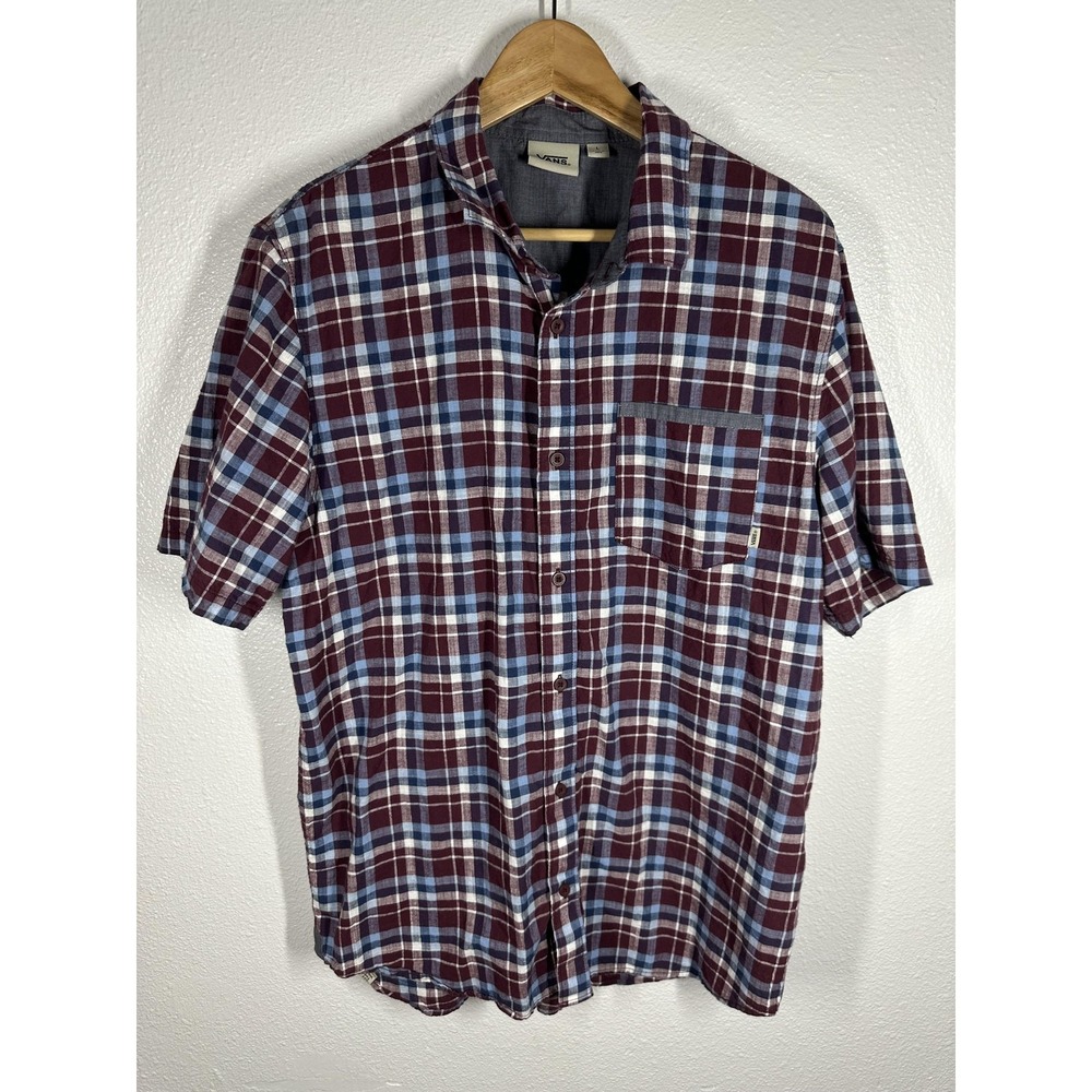 Vans Shirt Mens Large Red Blue‎ Plaid Short Sleeve Button Front Casual Top